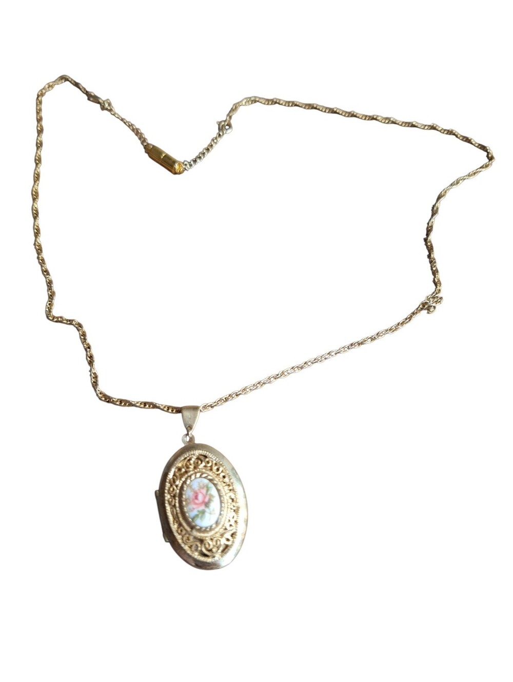 Vintage Victorian Style Gold-Tone Floral Oval Locket Necklace Long Chain Sweet